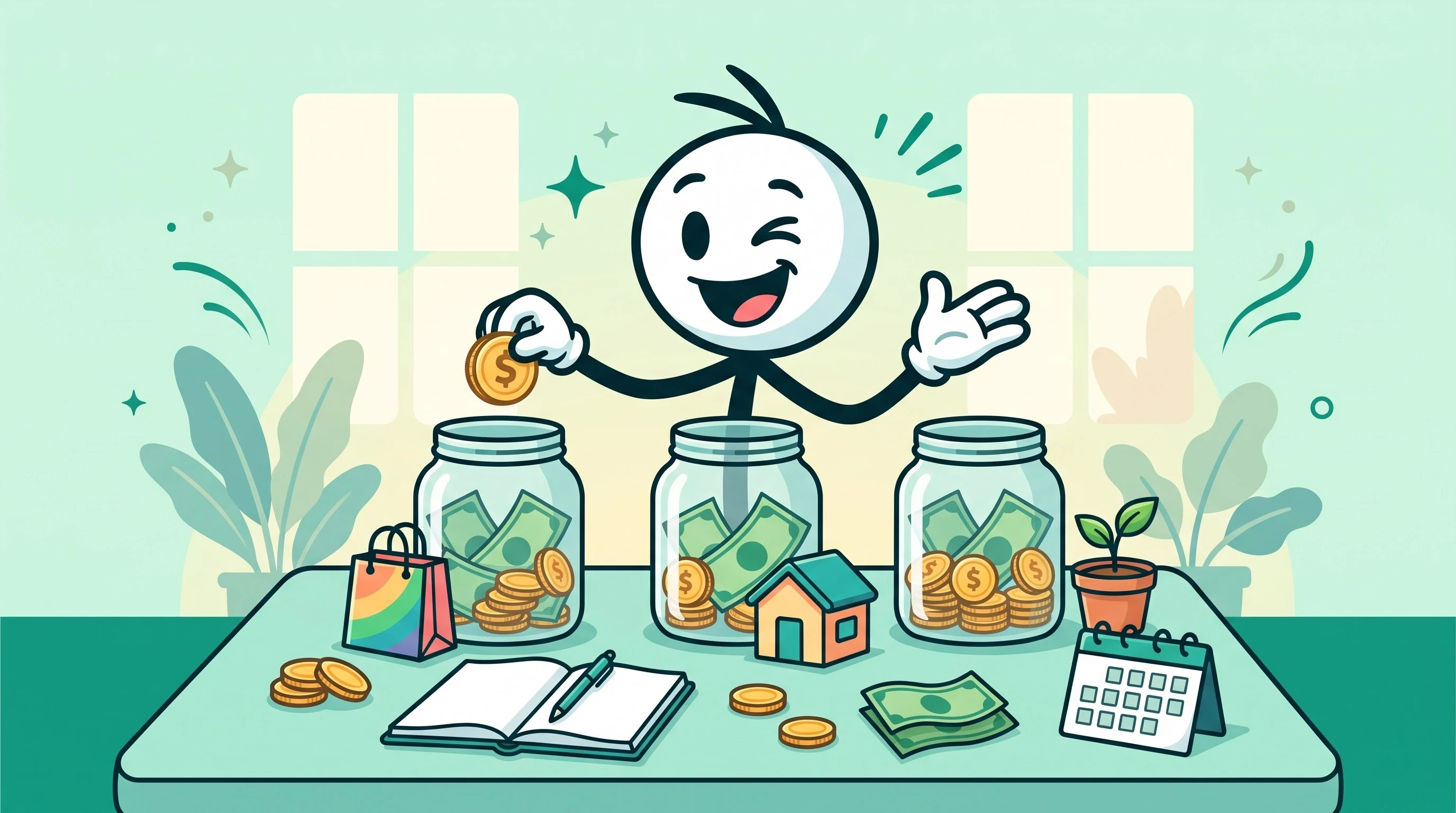 Stickman sorting monthly expenses into labeled envelopes