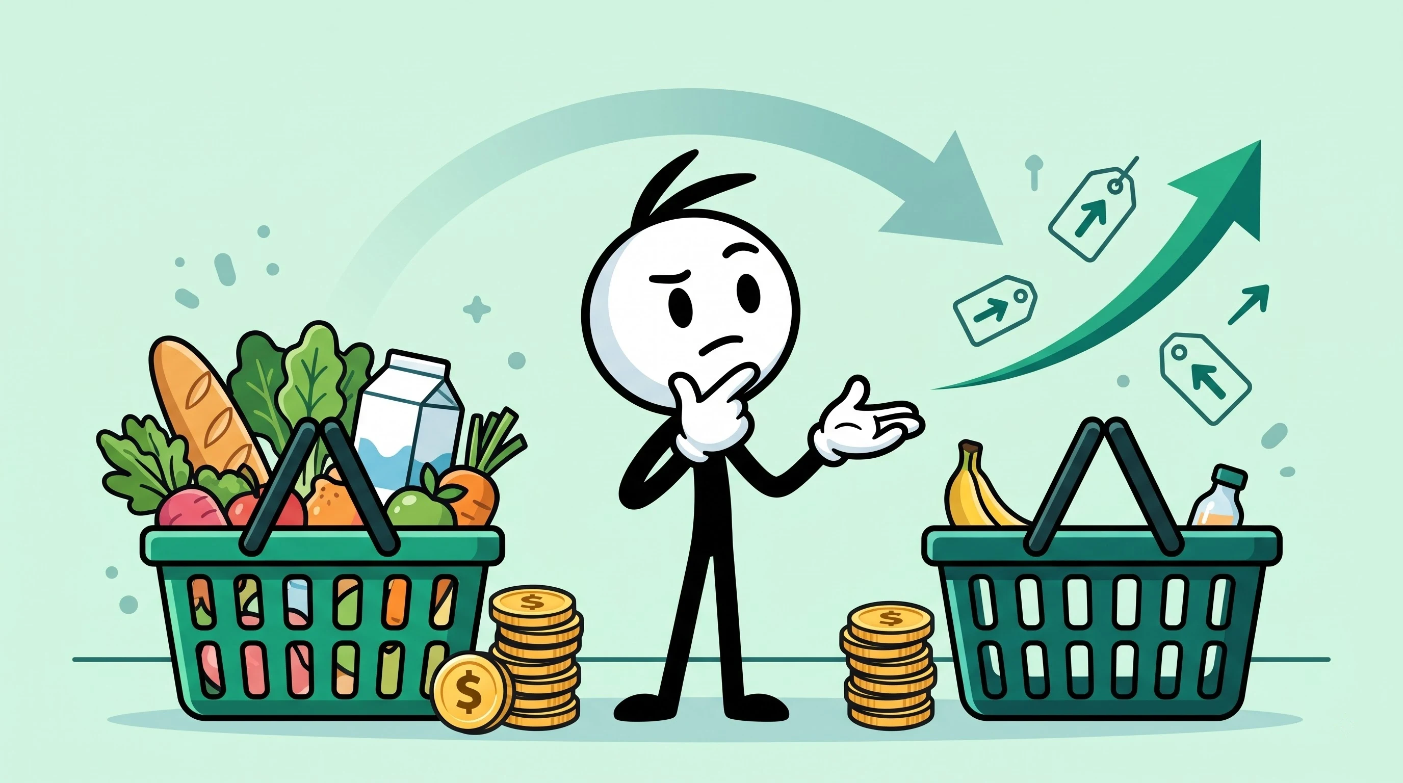 Stickman watching a shopping basket shrink as price tags rise