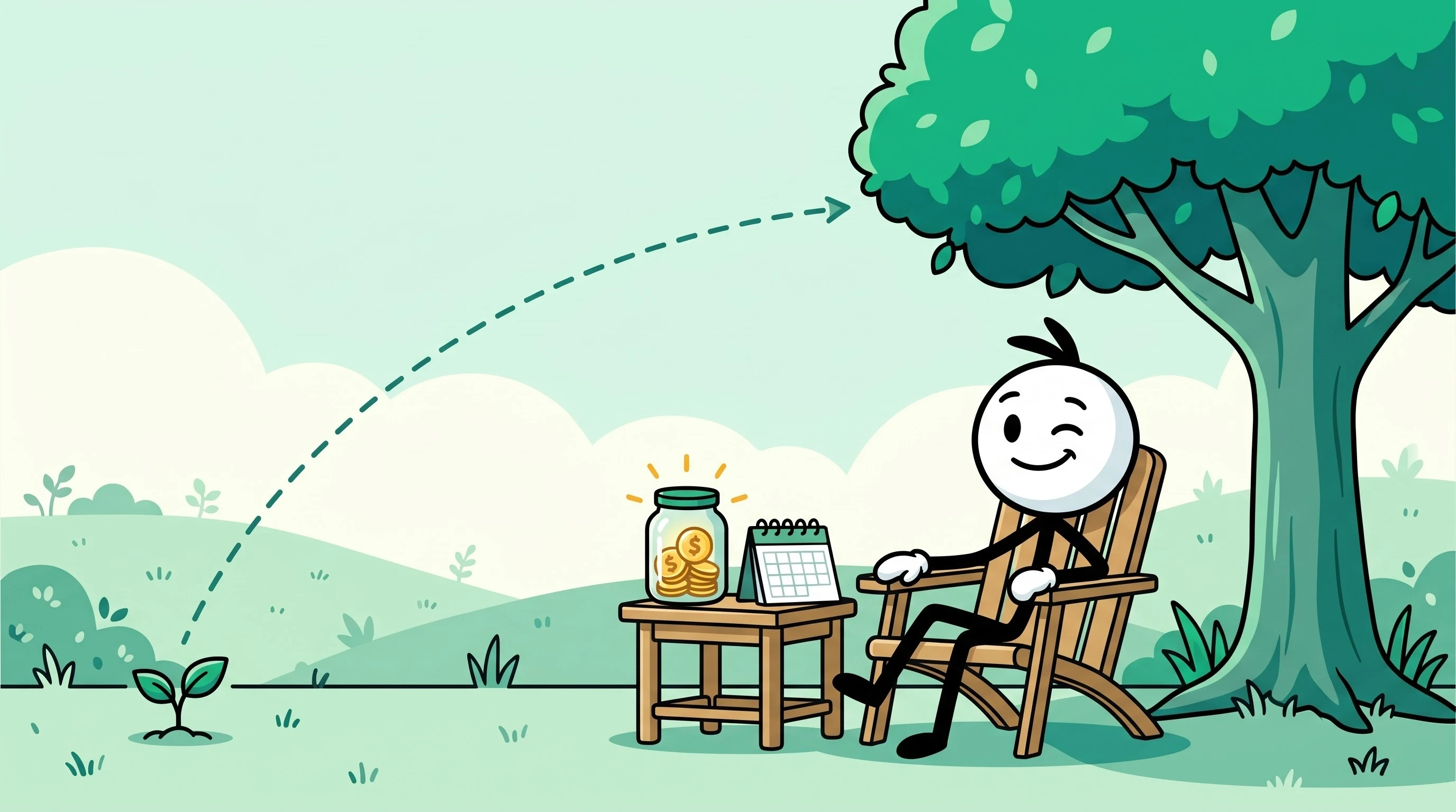 Older stickman relaxing with savings growing in the background